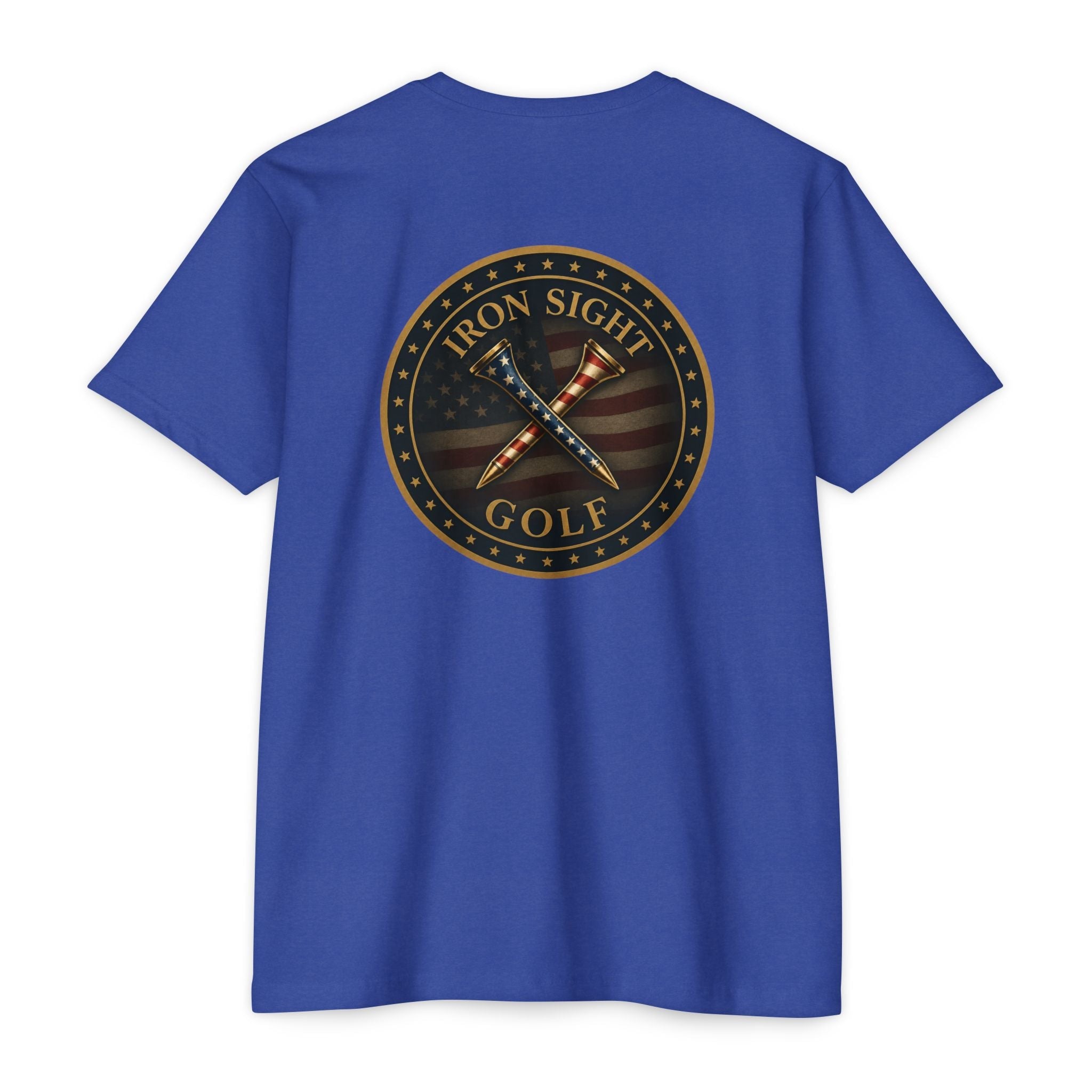 Iron Sight Golf T‑Shirt — American Flag Crossed Clubs Logo