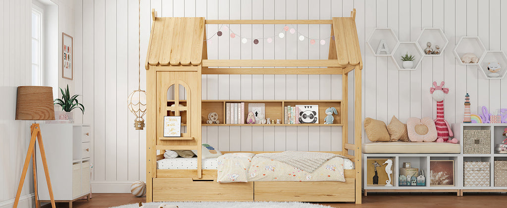 Twin house Beds with Storage Drawers and Window, Solid Wood House Platform Bed Frame with shelves, for Kids, Girls, Boys, No Spring Box Needed and Childlike Design, Natural