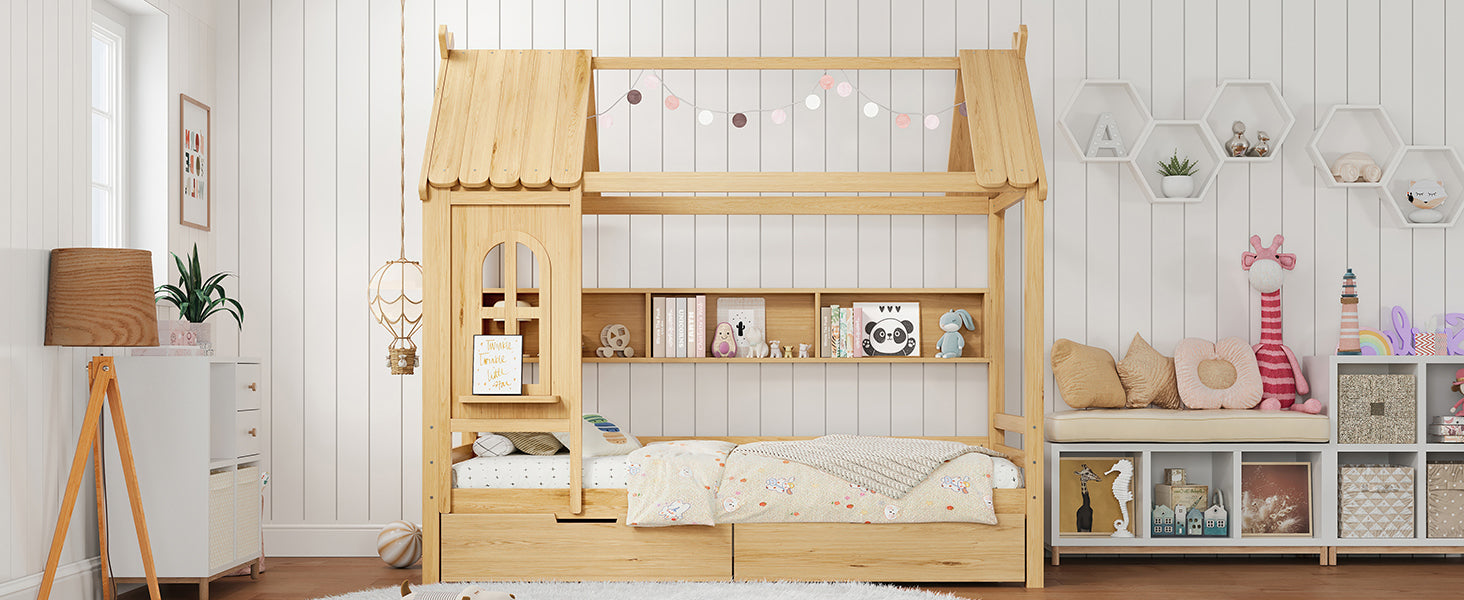 Twin house Beds with Storage Drawers and Window, Solid Wood House Platform Bed Frame with shelves, for Kids, Girls, Boys, No Spring Box Needed and Childlike Design, Natural