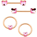 14G Pink Gem Butterfly Rose Gold Hue BCR Barbell Nipple Ring Set