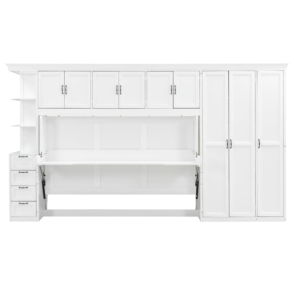 Twin Size Murphy Bed Wall Bed with Wardrobe, Cabinet and Desk, White