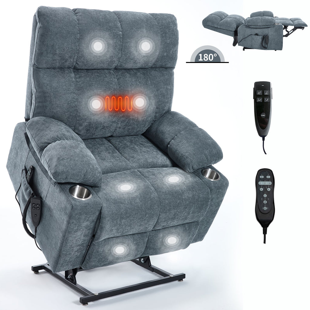 Grey Dual Motor Infinite Position Up to 350 LBS Chenille Power Lift Recliner Chair, Heavy Duty Motion Mechanism with 8-Point Vibration Massage and Lumbar Heating, Dual Cup Holders
