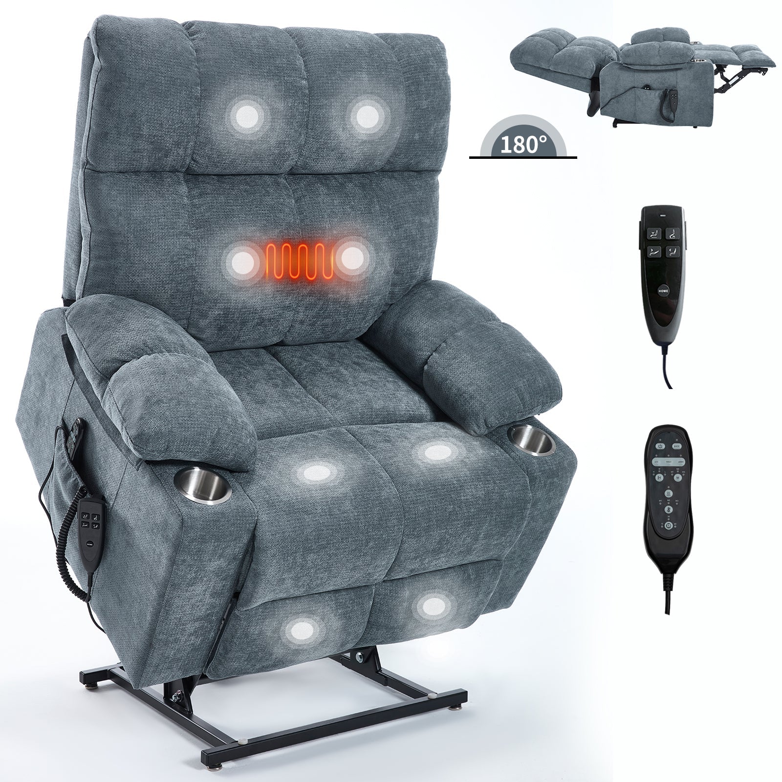 Grey Dual Motor Infinite Position Up to 350 LBS Chenille Power Lift Recliner Chair, Heavy Duty Motion Mechanism with 8-Point Vibration Massage and Lumbar Heating, Dual Cup Holders