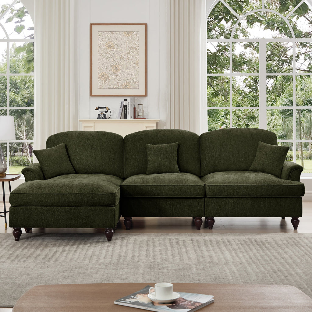 Mid Century Three Seater Modular L Shaped Sectional Couch with Flared Arms and Removable Ruffles Pleats Skirts and Spindle Legs, Comfy Chenille 3-Seat Deep Seat Sofa with Movable Ottoman,Green