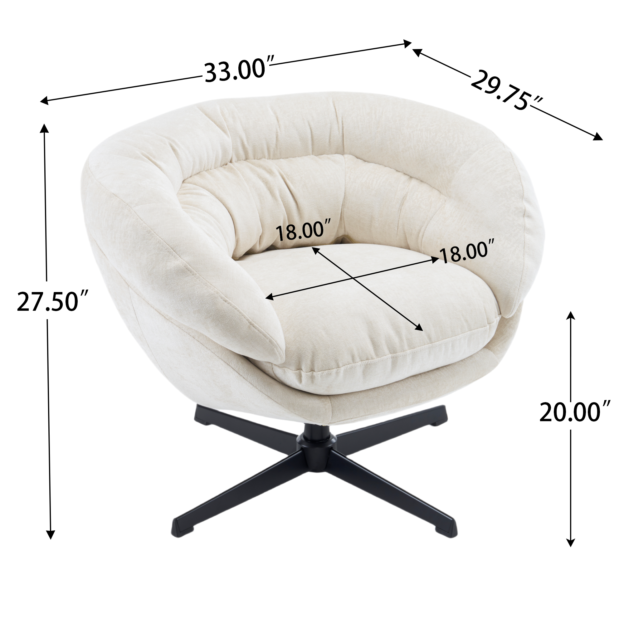Modern Chenille Office Chair, 360° Swivel Club Chair/Accent Chair with Removable Cushion, Round Office Chair, Black Metal Base, Cotton Material, Living Room, Bedroom, Reading Corner, Office (Beige)