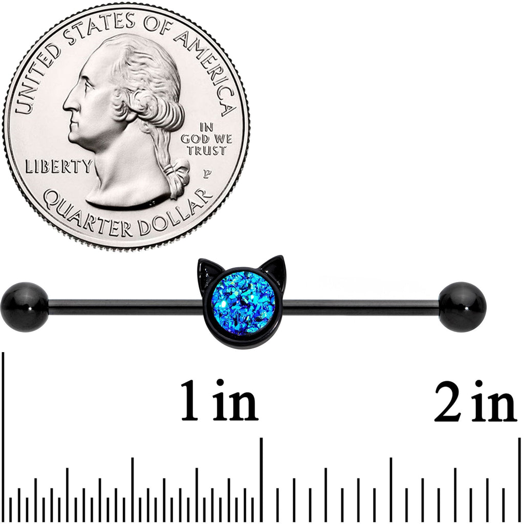 14G Blue Faux Druzy Black Hey Kitty Cat Industrial Barbell 38mm
