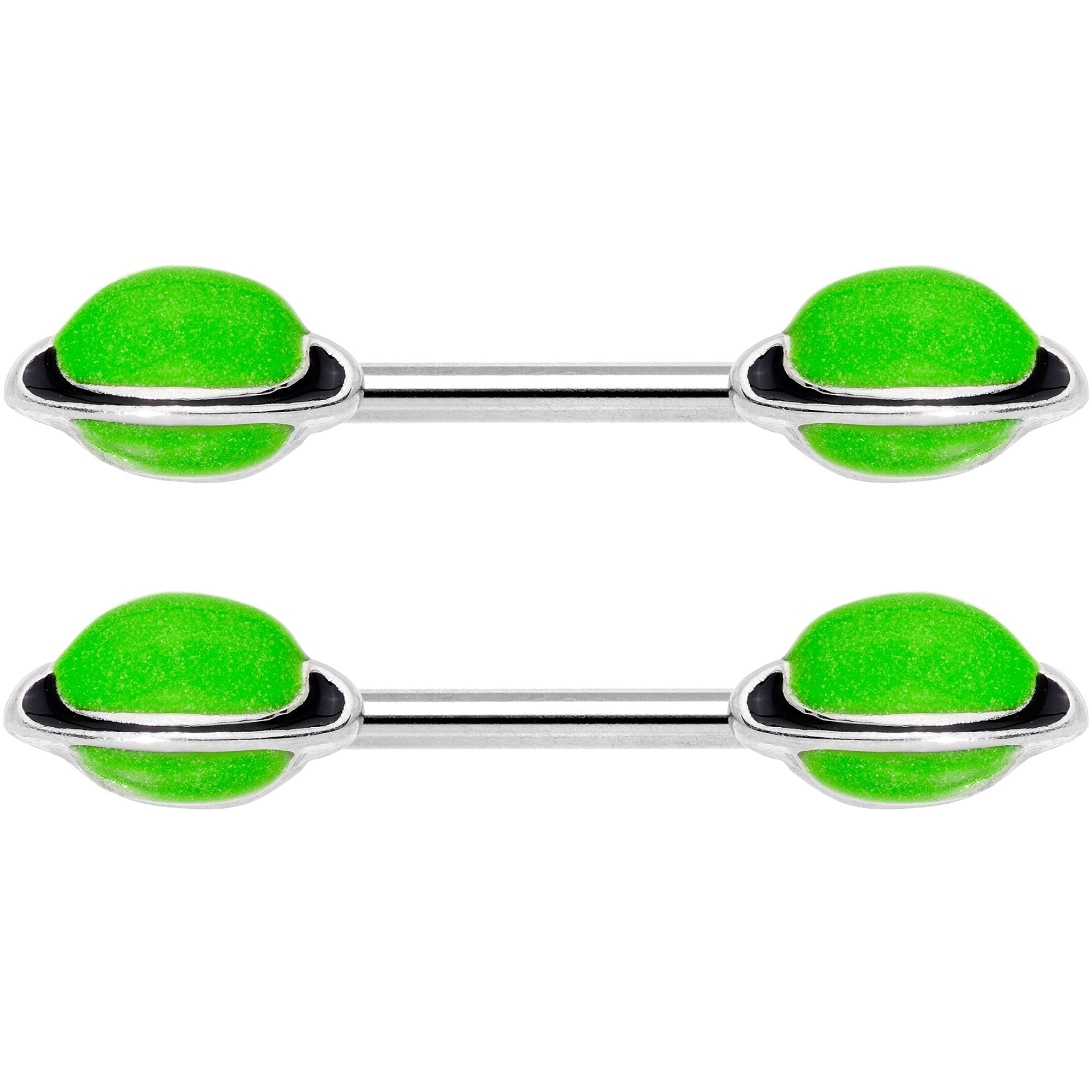 14G 9/16 Green Glow in the Dark Saturn Barbell Nipple Ring Set