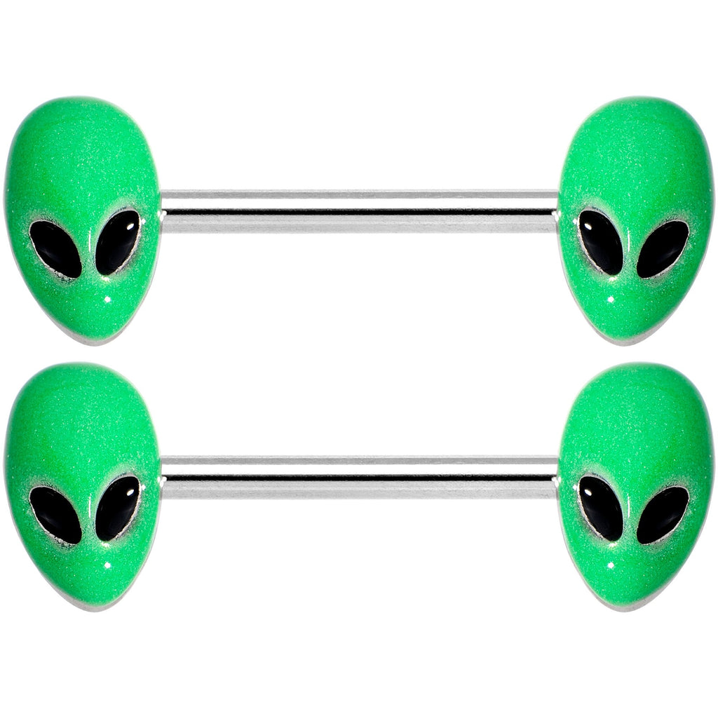 14G 9/16 Green Glow in the Dark Aliens Barbell Nipple Ring Set
