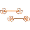 14G 9/16 Clear Gem Rose Gold Tone Flower Barbell Nipple Ring Set
