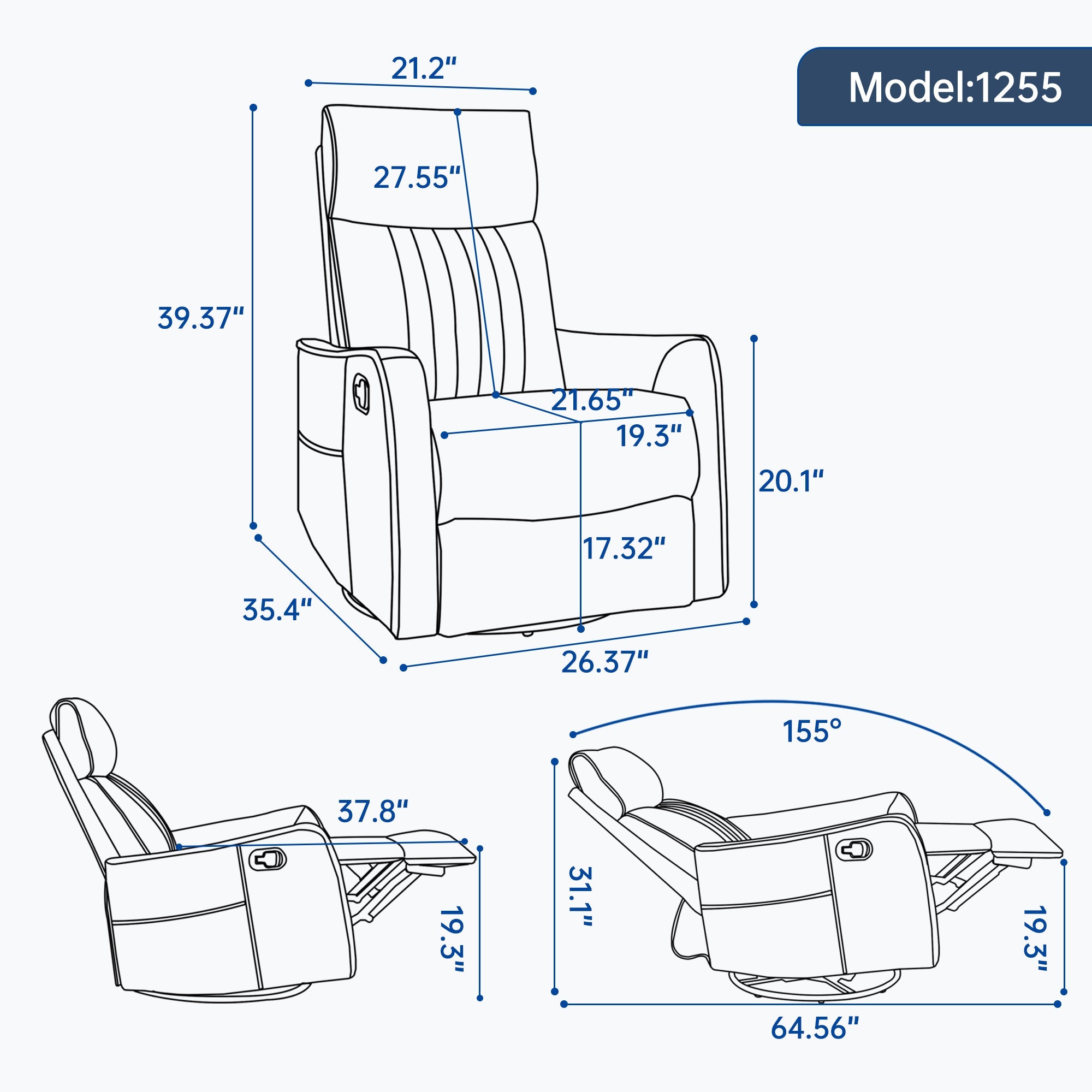 Grey Faux Leather Heat Massage Manual Recliner Chair with Rocker and Swivel for Living Room