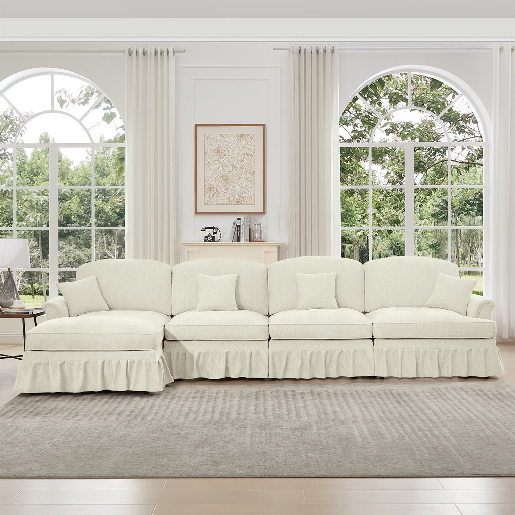 Classic Three Seater Modular L Shaped Sectional Couch with Flared Arms and Removable Ruffles Pleats Skirts and Spindle Legs, Comfy Chenille Four-Seat Deep Seat Sofa with Movable Ottoman, Beige White