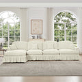 Classic Three Seater Modular L Shaped Sectional Couch with Flared Arms and Removable Ruffles Pleats Skirts and Spindle Legs, Comfy Chenille Four-Seat Deep Seat Sofa with Movable Ottoman, Beige White