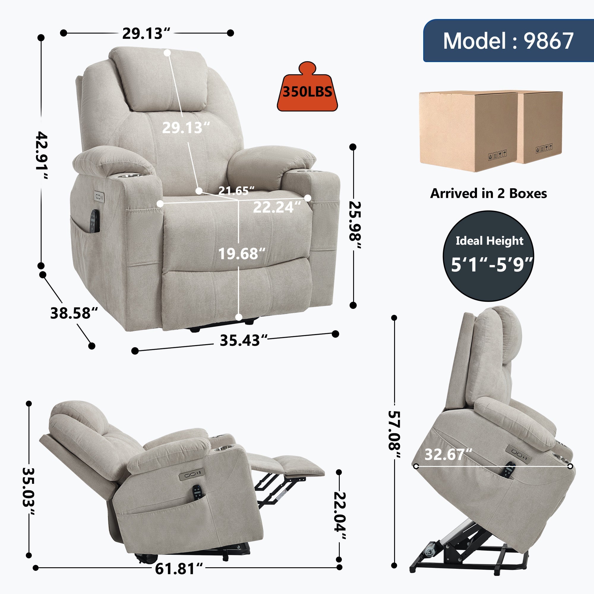 Up to 350 LBS polyester Power Lift Recliner Chair, Heavy Duty Motion Mechanism with 8-Point Vibration Massage and Lumbar Heating, USB and Type-C Ports, Stainless Steel Cup Holders, Beige