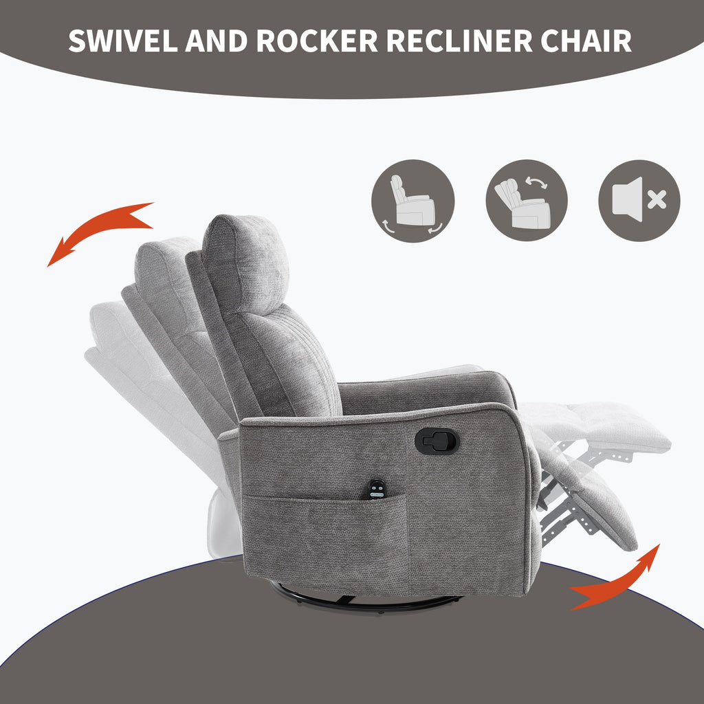 Dark Grey Heat Massage Manual Recliner Chair with Rocker and Swivel in Fabric for Living Room