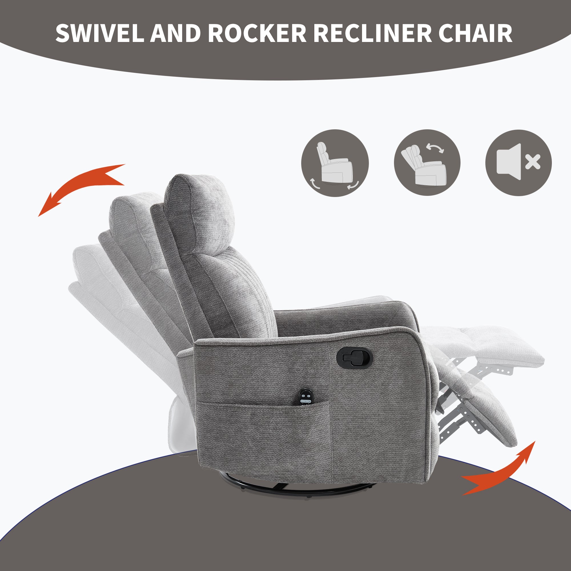 Dark Grey Heat Massage Manual Recliner Chair with Rocker and Swivel in Fabric for Living Room