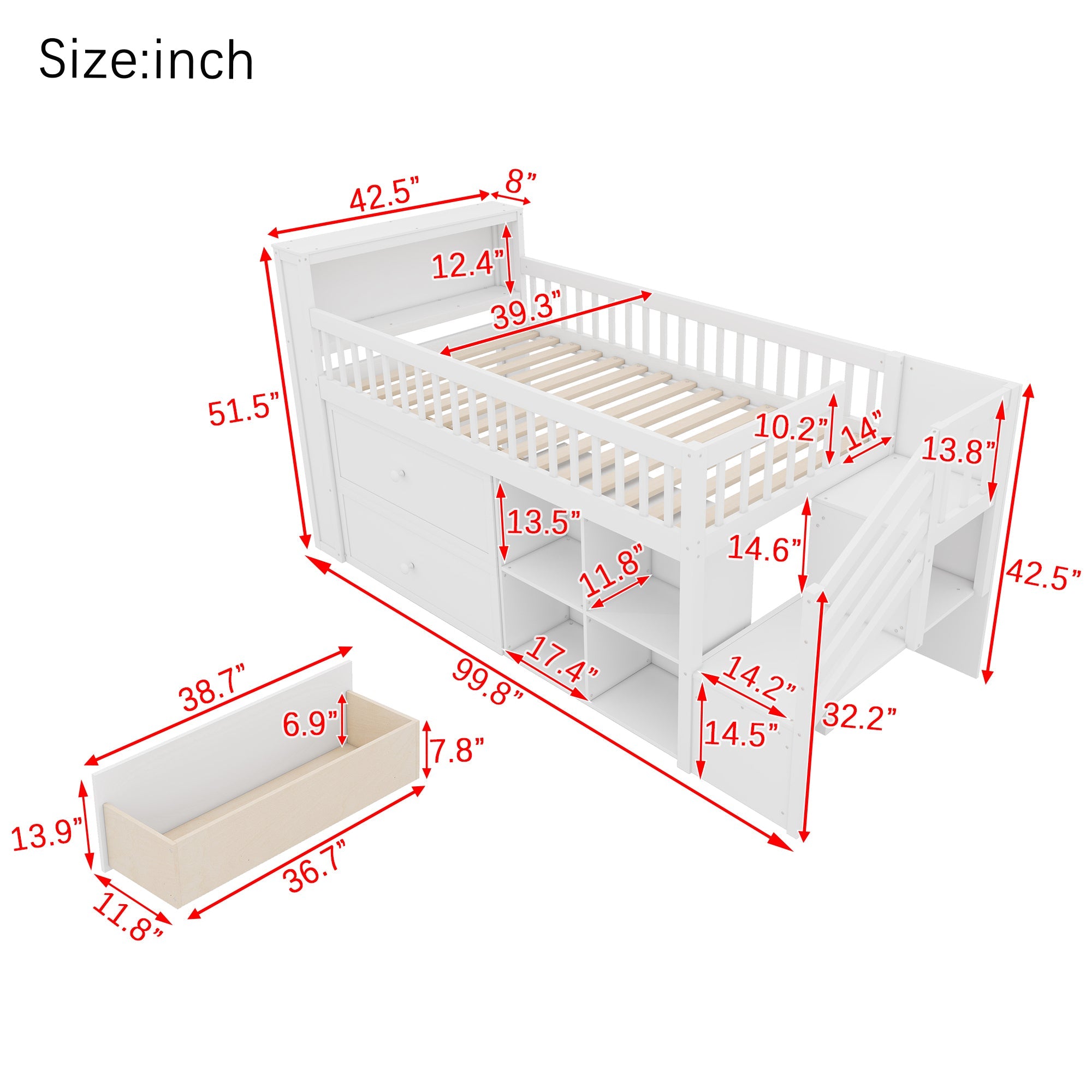 Twin Size Loft Bed with LED and Bookshelf, Wood Low Loft Bed with Stairs, Kids Twin Loft Bed with Storage Drawers and Shelves,White (Expect Arrival Date 2025/1/20)