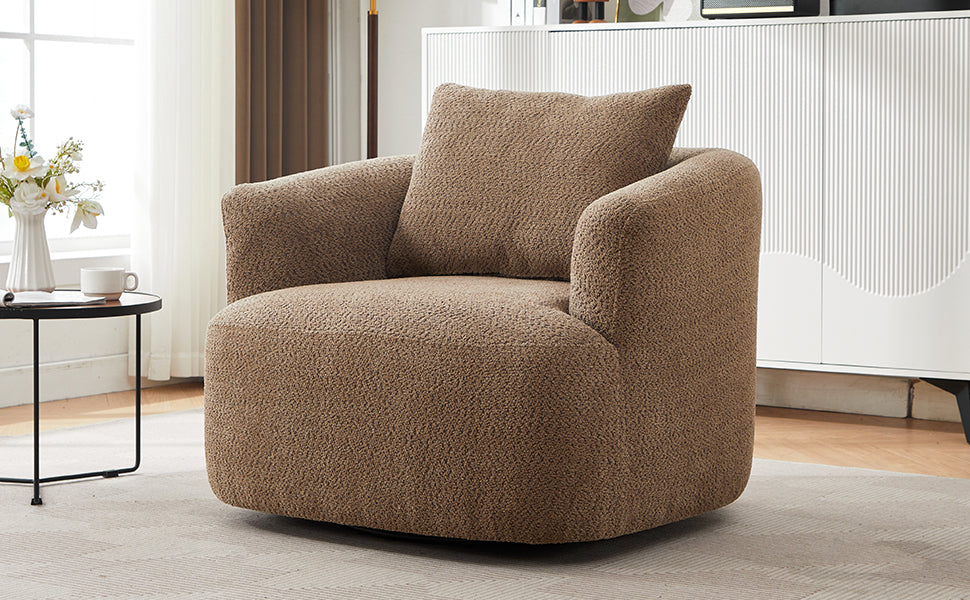 Chenille Upholstered 360° Swivel Chair with Throw Pillow, Dark Brown, 38.2' Accent Chair Sofa for Living Room and Office