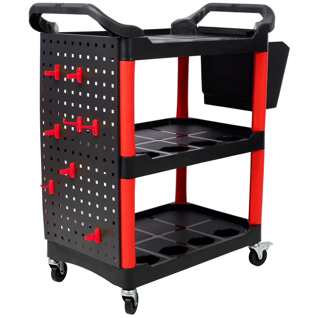 3 Tier Rolling Auto Detail Cart With Wheels,With Bucket & Panel & Hook,for Detailers Garage, Workshop, Repair Shop, Storage Tool,Red&Black
