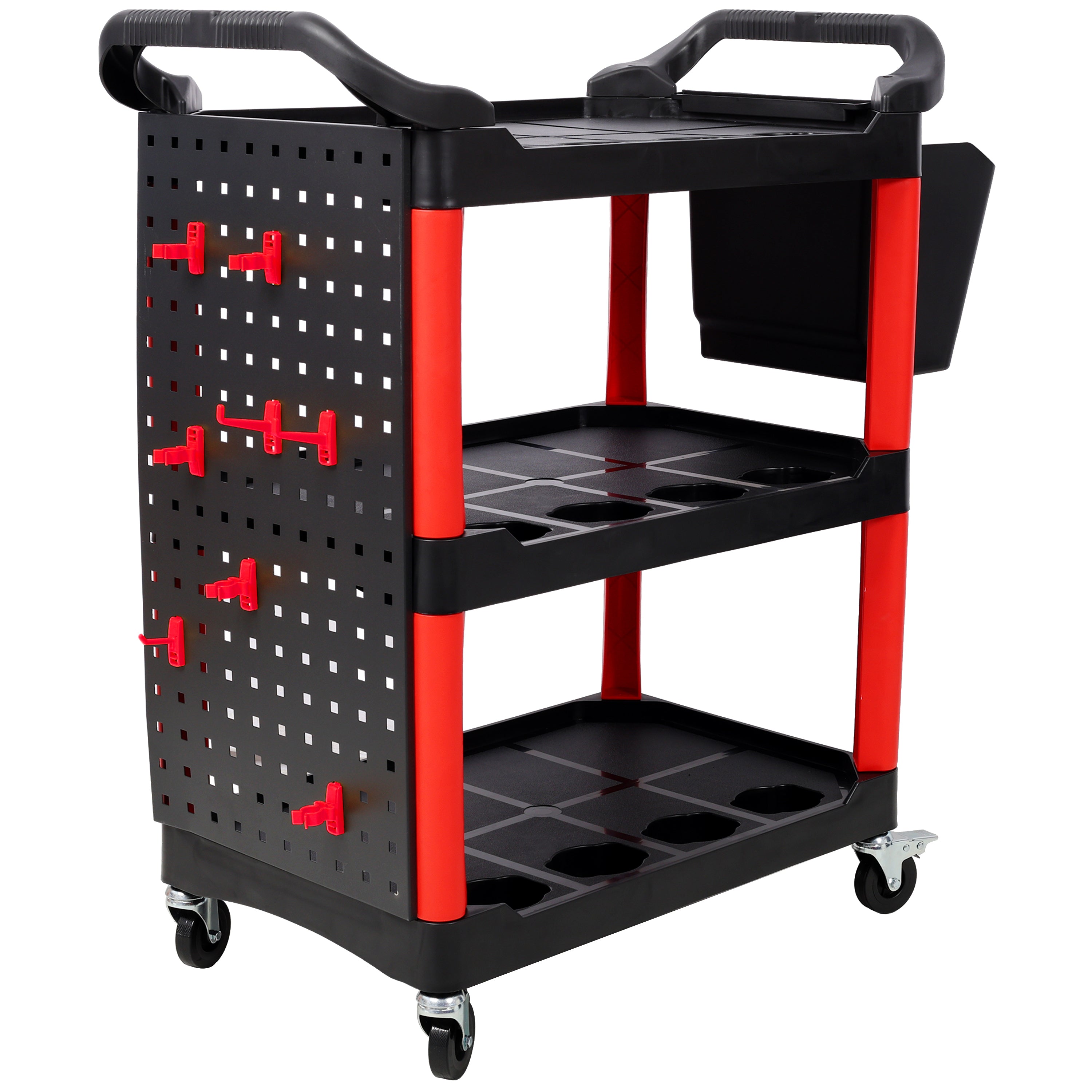3 Tier Rolling Auto Detail Cart With Wheels,With Bucket & Panel & Hook,for Detailers Garage, Workshop, Repair Shop, Storage Tool,Red&Black