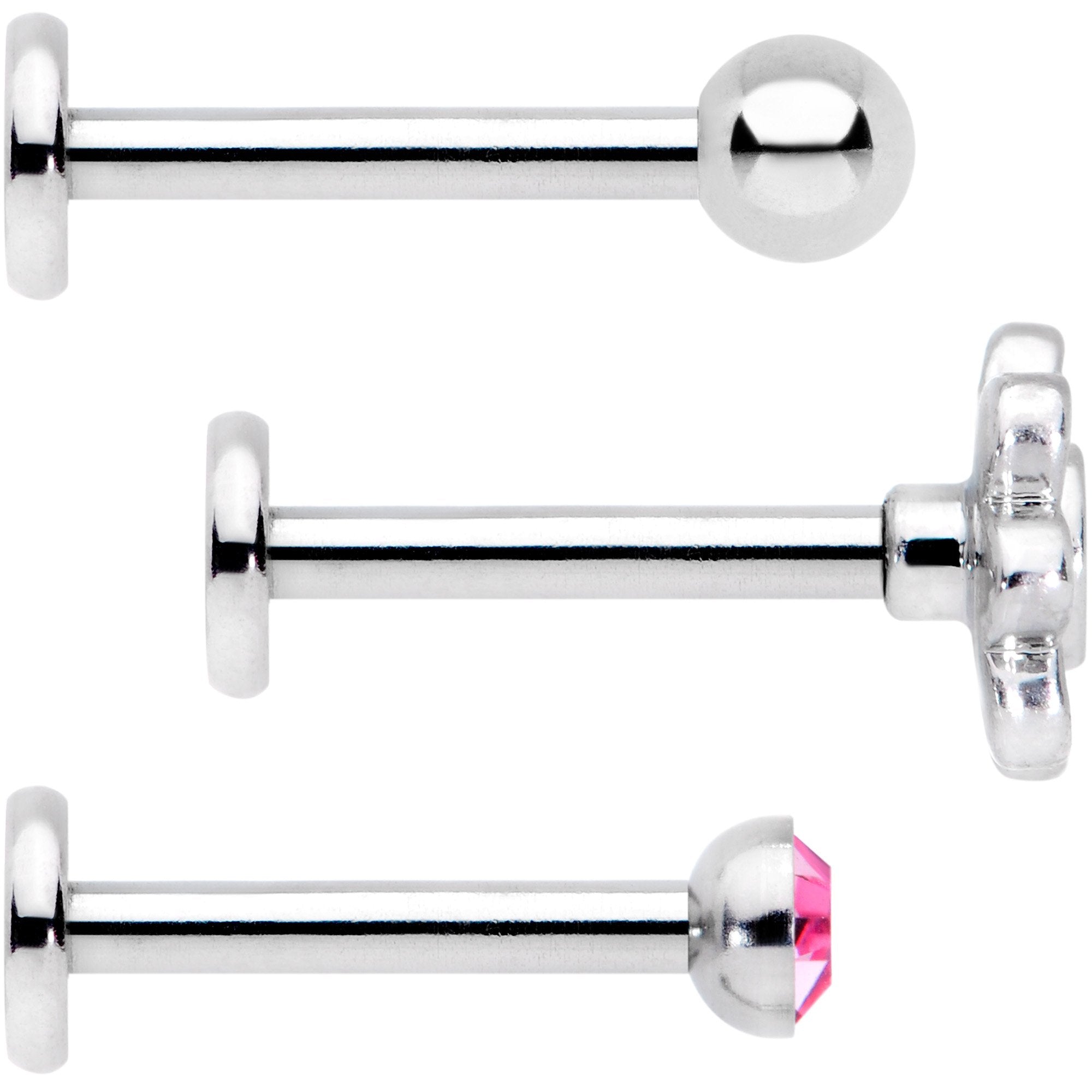 16G Pink Gem Flower Internally Threaded Labret Set of 3