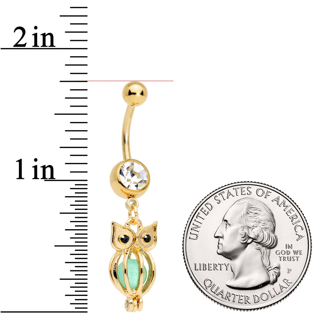 Black Clear Gem Gold Tone Glow in the Dark Owl Dangle Belly Ring