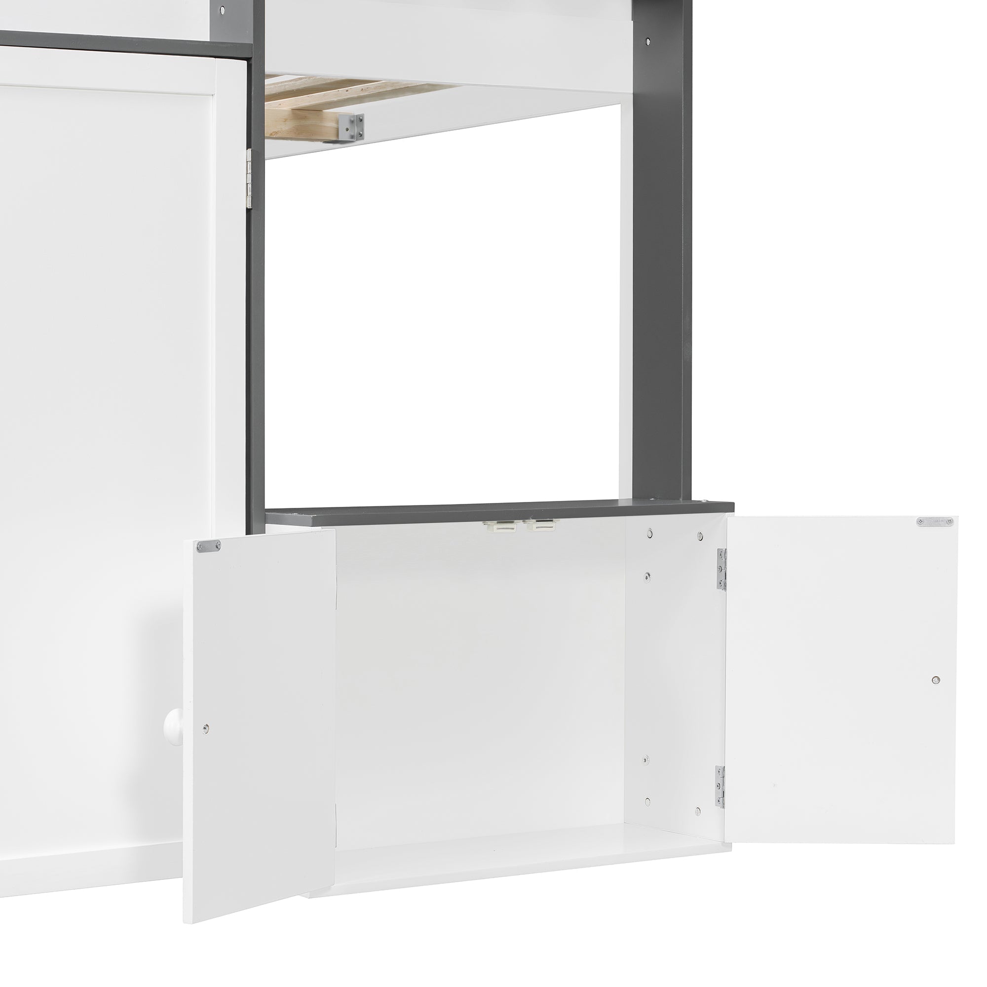 Full Loft House Bed with Playhouse & Storage, Modern Wood Cabin Bed for Kids/Teens, White+Gray