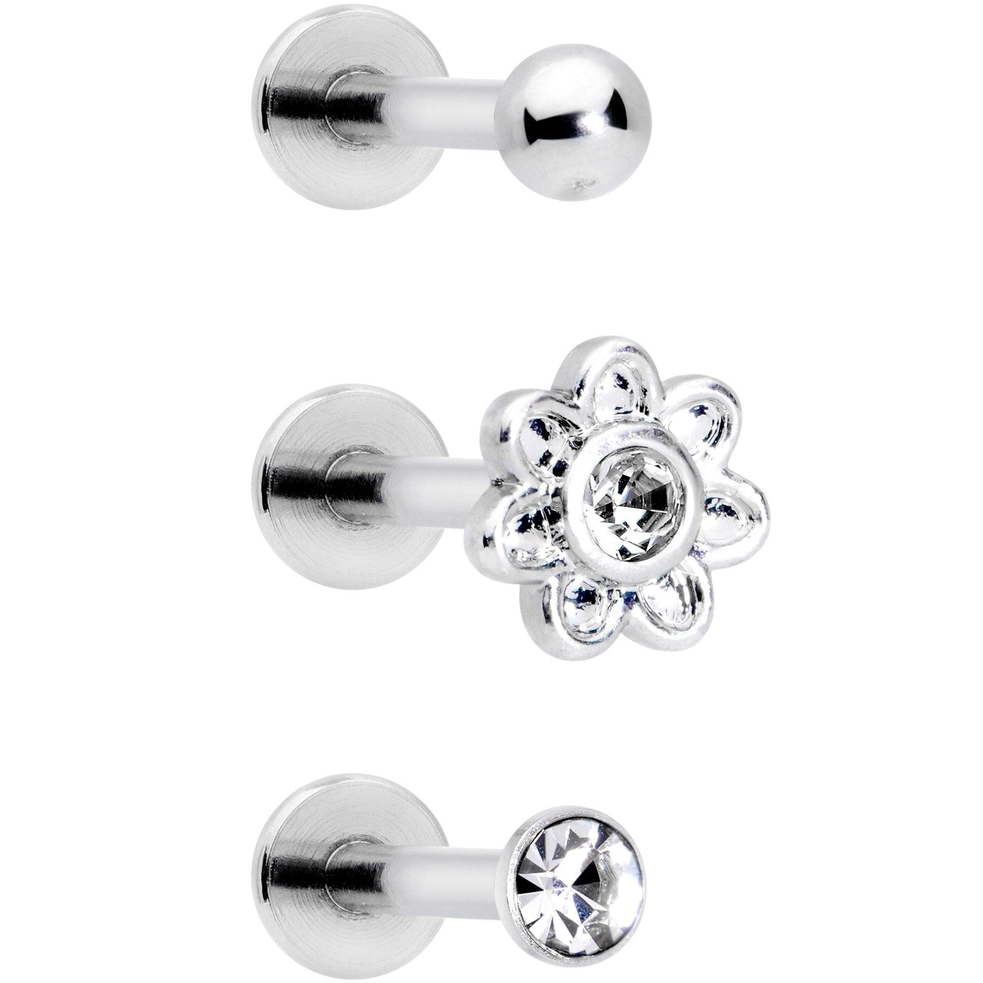 16G 5/16 Clear Gem Flower Top Labret Tragus Set of Three