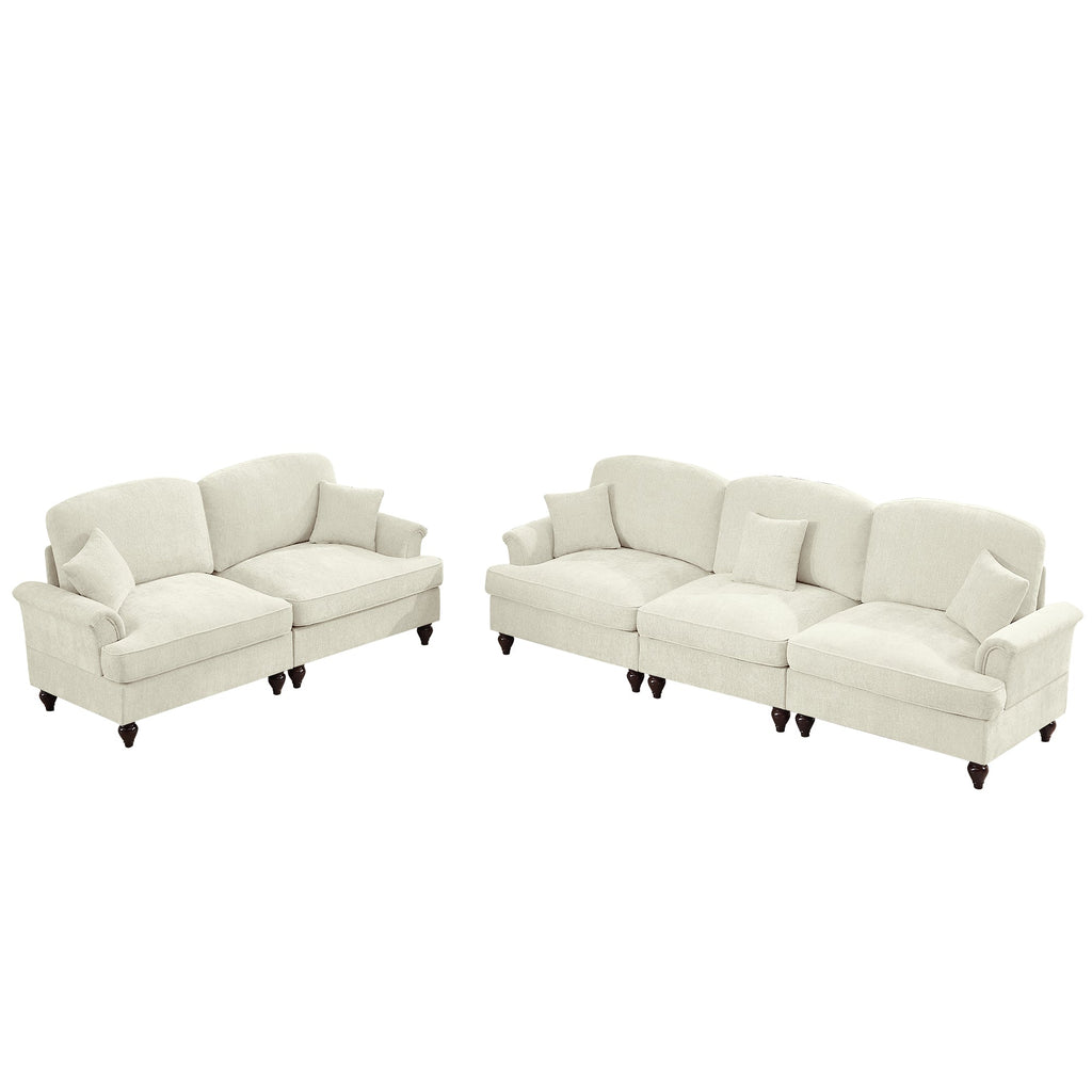 Classic 2 Piece Modular Couch Living Room Sofa Set with Flared Arms and Removable Ruffles Pleats Skirts and Spindle Legs, 3 Seater Sofa + 2-Seat Loveseat Sofa Sets for Living Room, Beige White