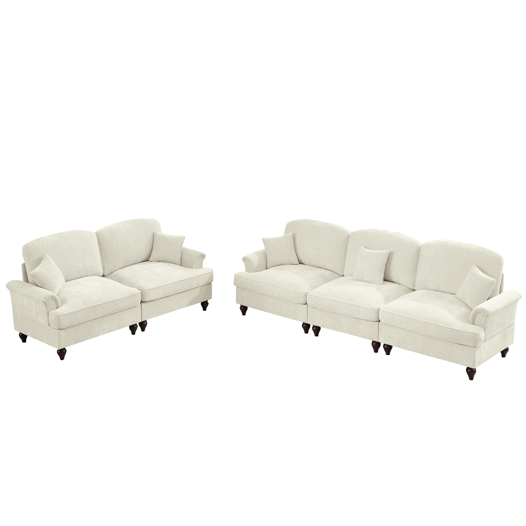 Classic 2 Piece Modular Couch Living Room Sofa Set with Flared Arms and Removable Ruffles Pleats Skirts and Spindle Legs, 3 Seater Sofa + 2-Seat Loveseat Sofa Sets for Living Room, Beige White