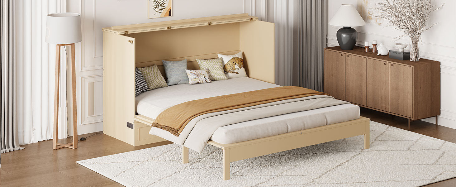 Queen Size Murphy Bed with Large Drawers, Gold