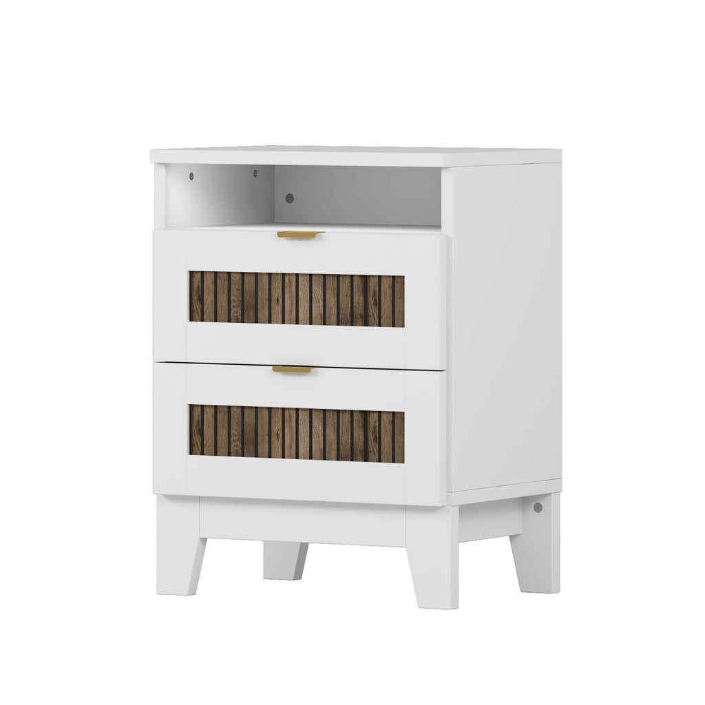 4-Pieces Bedroom Sets, Queen Size Farmhouse Platform Bed with Wooden Strip Stickers Decoration, Storage Nightstand and Dresser with Metal Handle, White(Old SKU: HL000191AAK)