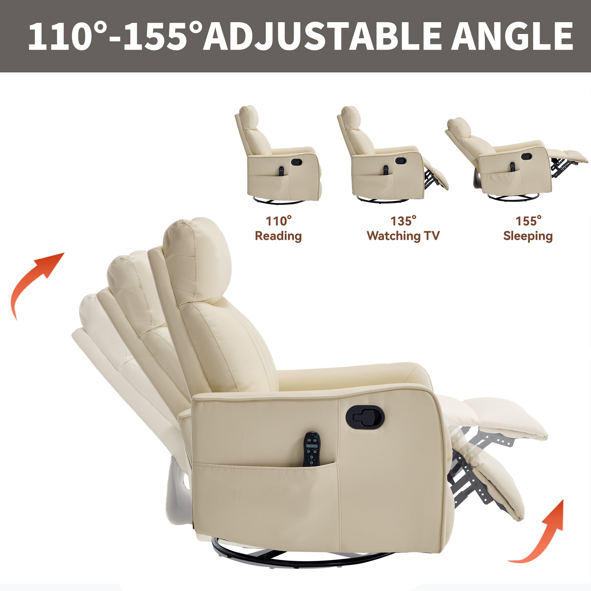 Beige Heat Massage Manual Recliner Chair with Rocker and Swivel in Faux Leather for Living Room