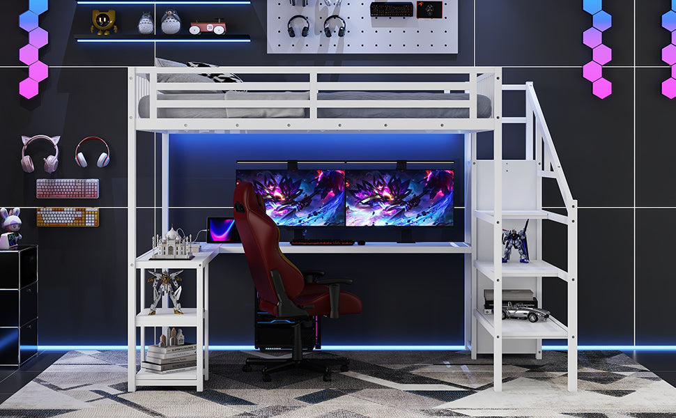 Metal Queen Loft Bed with Wardrobe and LED Light, Queen Size Loft Bed with L Shaped Desk and USB for Kids Teens Adults, White