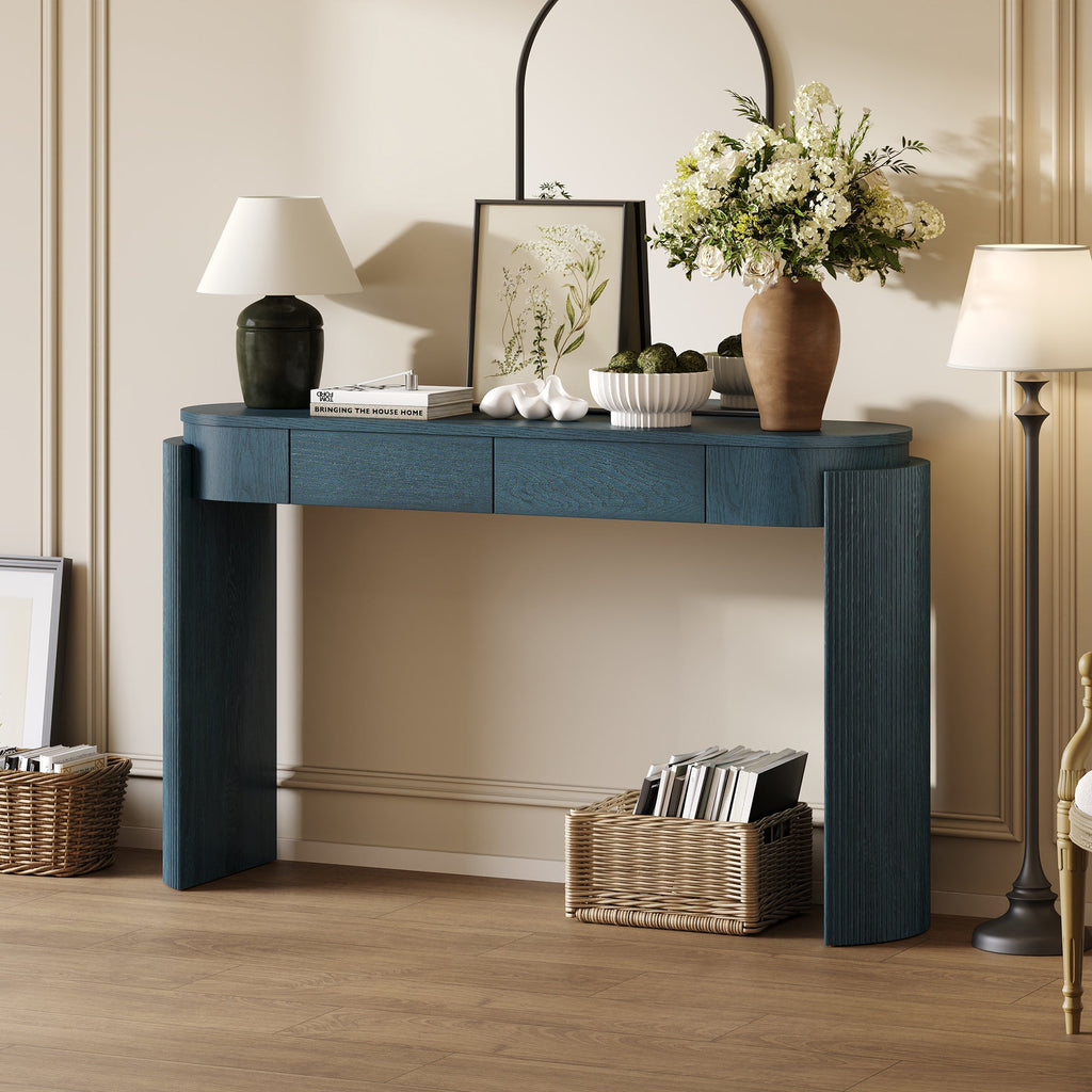 TREXM Entryway Table with Natural Wood Grain Finish, Console Table with Fluted Design, Oval Top and 2 Drawers for Entryway and Living Room (Navy)