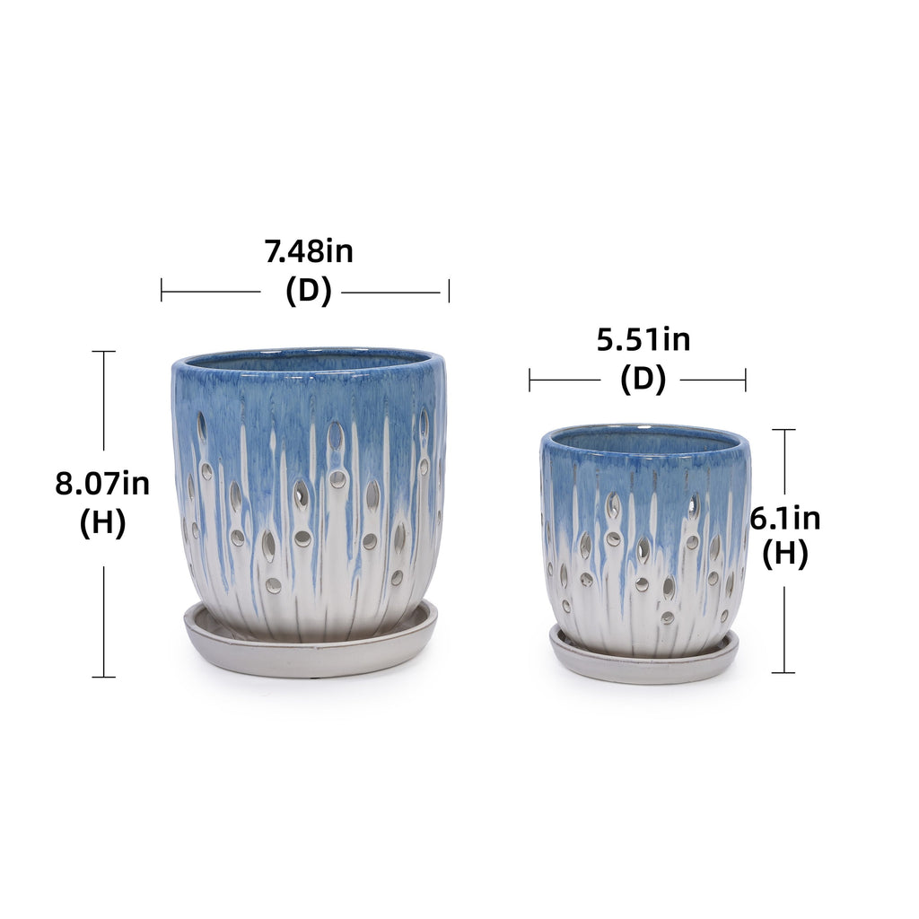 Set of 2 Ceramic Flowerpot with Drainage Hole, 8' Modern Planter for Patio, Garden, Windowsill - White Blue