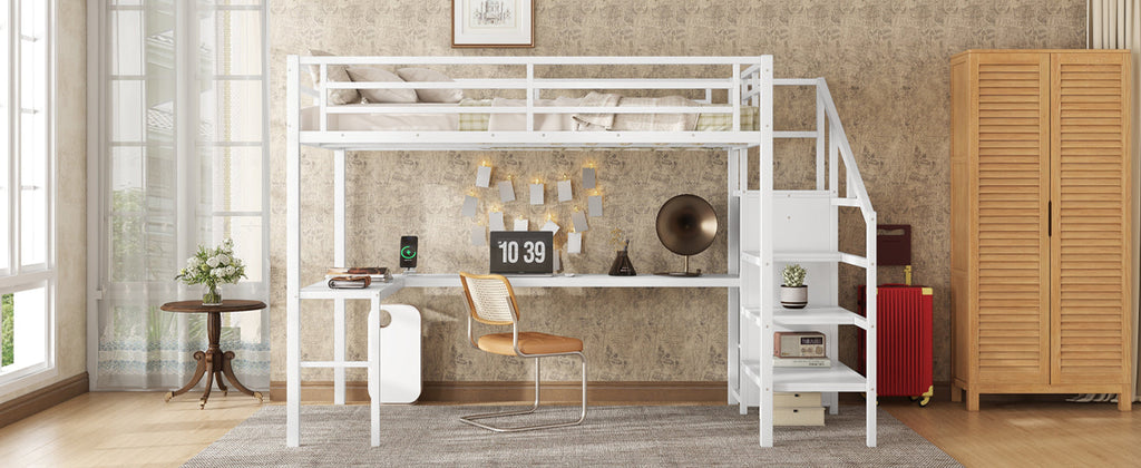 Full Size Loft Bed with L-shaped Desk and USB, Metal Loft Bed with Wardrobe and Adjustable Shelf, High Loft Bed with LED for Kids Teens Adults, White