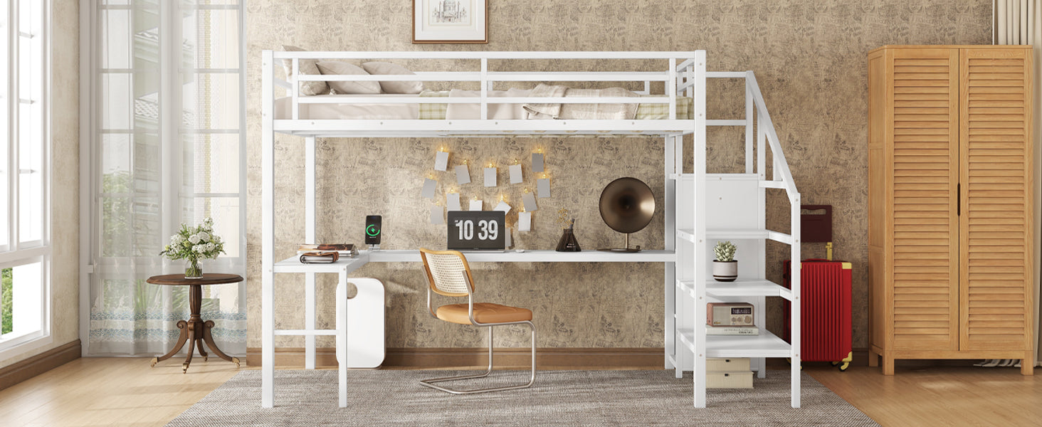 Full Size Loft Bed with L-shaped Desk and USB, Metal Loft Bed with Wardrobe and Adjustable Shelf, High Loft Bed with LED for Kids Teens Adults, White