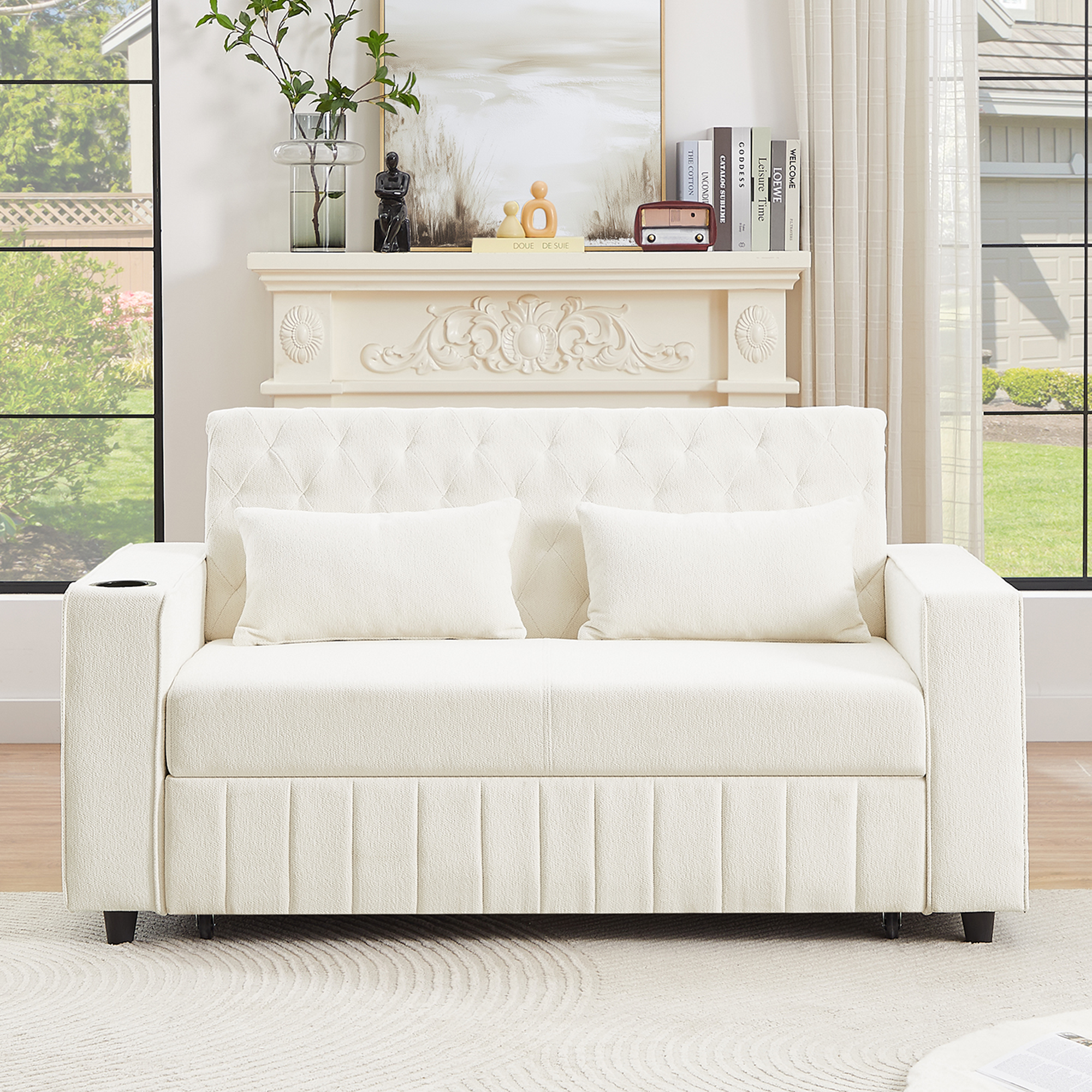 61.4' Pull-out Sofa Bed Convertible Couch Loveseat Sofa Modern Sleeper Sofa with Adjustable Backrest for Living Room, Beige