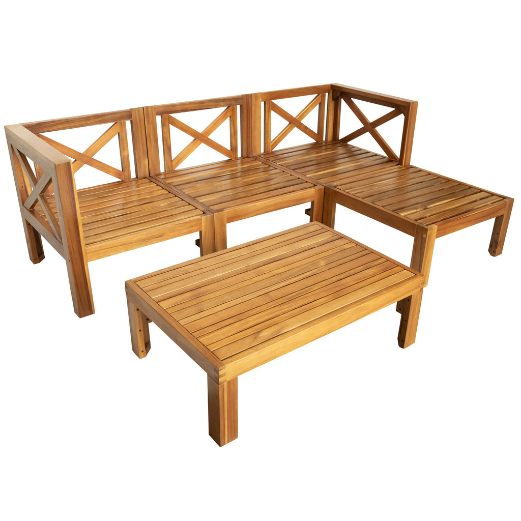 TOPMAX Outdoor Backyard Patio Wood 5-Piece Sectional Sofa Seating Group Set with Cushions, Natural Finish+ Gray Cushions