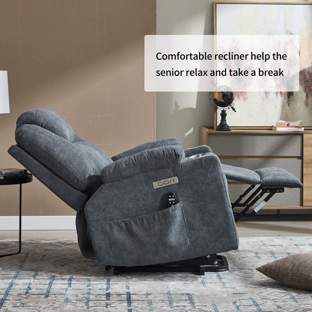 Up to 350 LBS polyester Power Lift Recliner Chair, Heavy Duty Motion Mechanism with 8-Point Vibration Massage and Lumbar Heating, USB and Type-C Ports, Stainless Steel Cup Holders, Grey