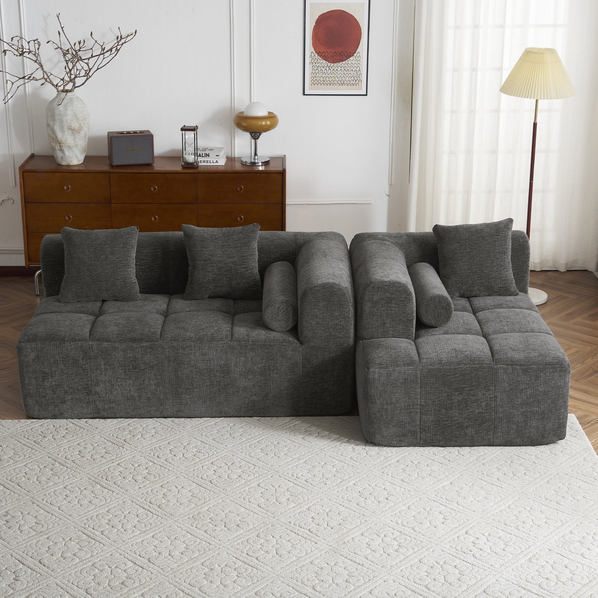Modern Grey Modular Sectional Sofa with Deep Seating and Side Pockets in Chenille Fabric