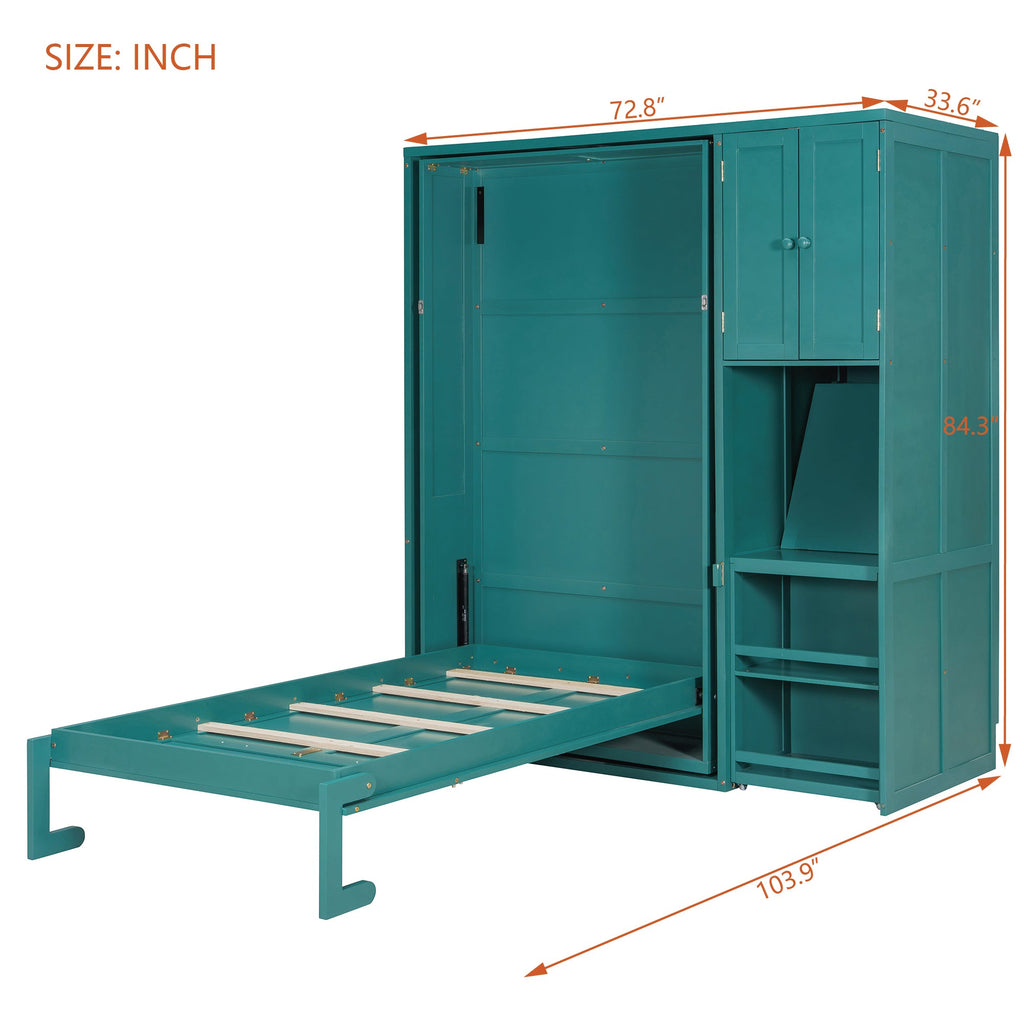 Twin Size Rotating Wall Murphy Beds with Bookshelf, Top Cabinet, Extendable Desk & Side Storage, Teal
