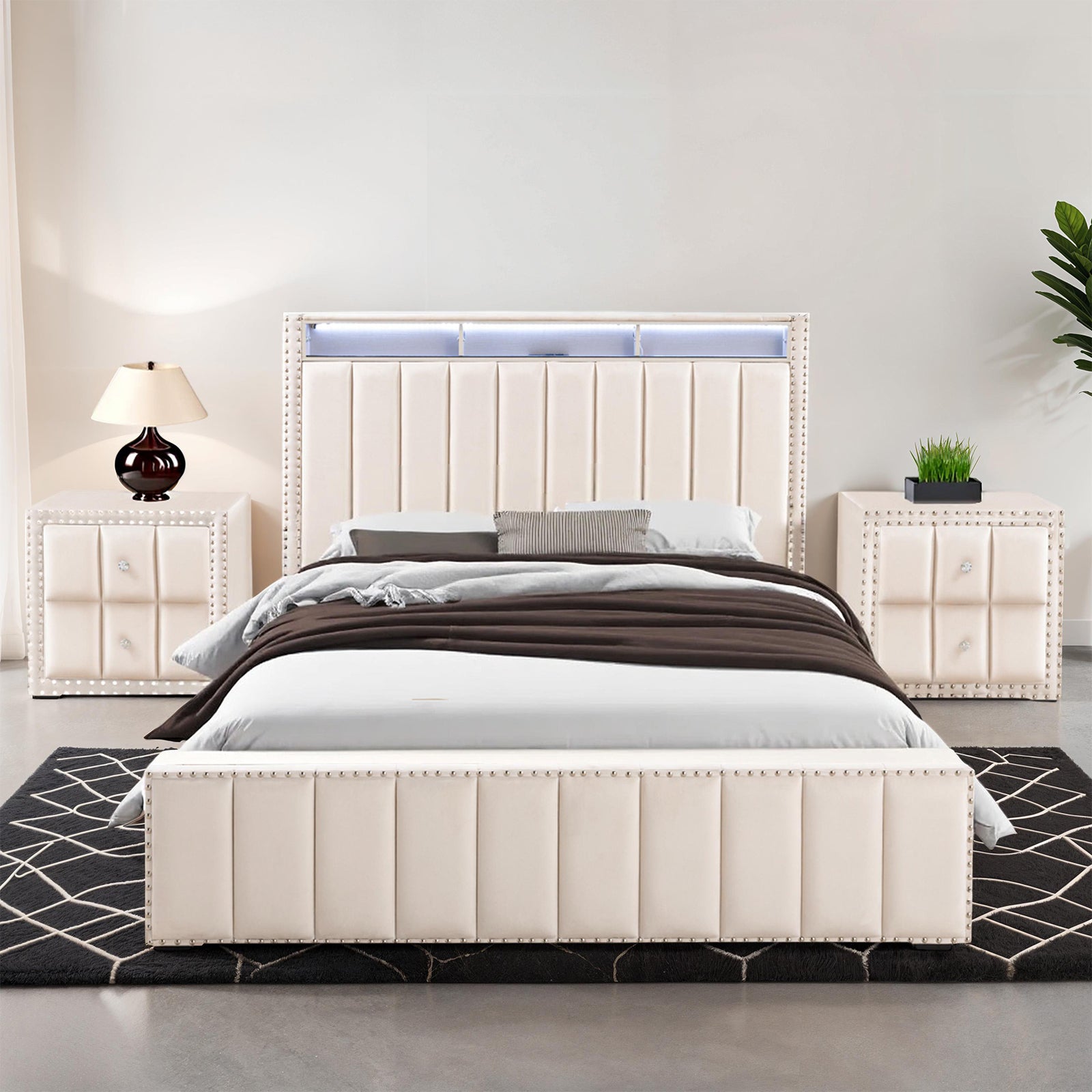Queen Size Bed 2x Nightstands Bedroom Furniture Contemporary Beige Fabric Upholstered Bedframe w LED Nailhead Trim 3pc Bedroom Set