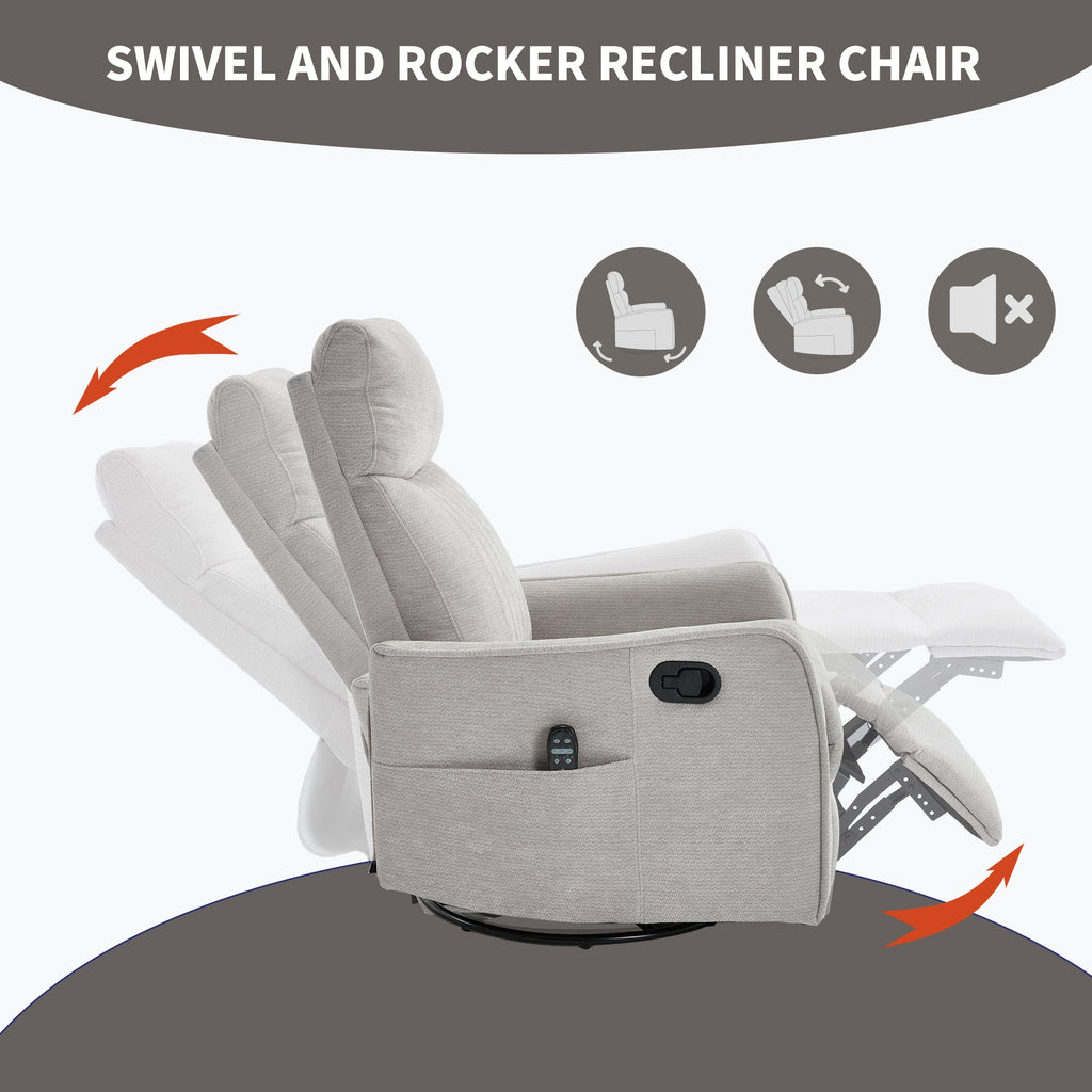 Light Grey Heat Massage Manual Recliner Chair with Rocker and Swivel in Fabric for Living Room