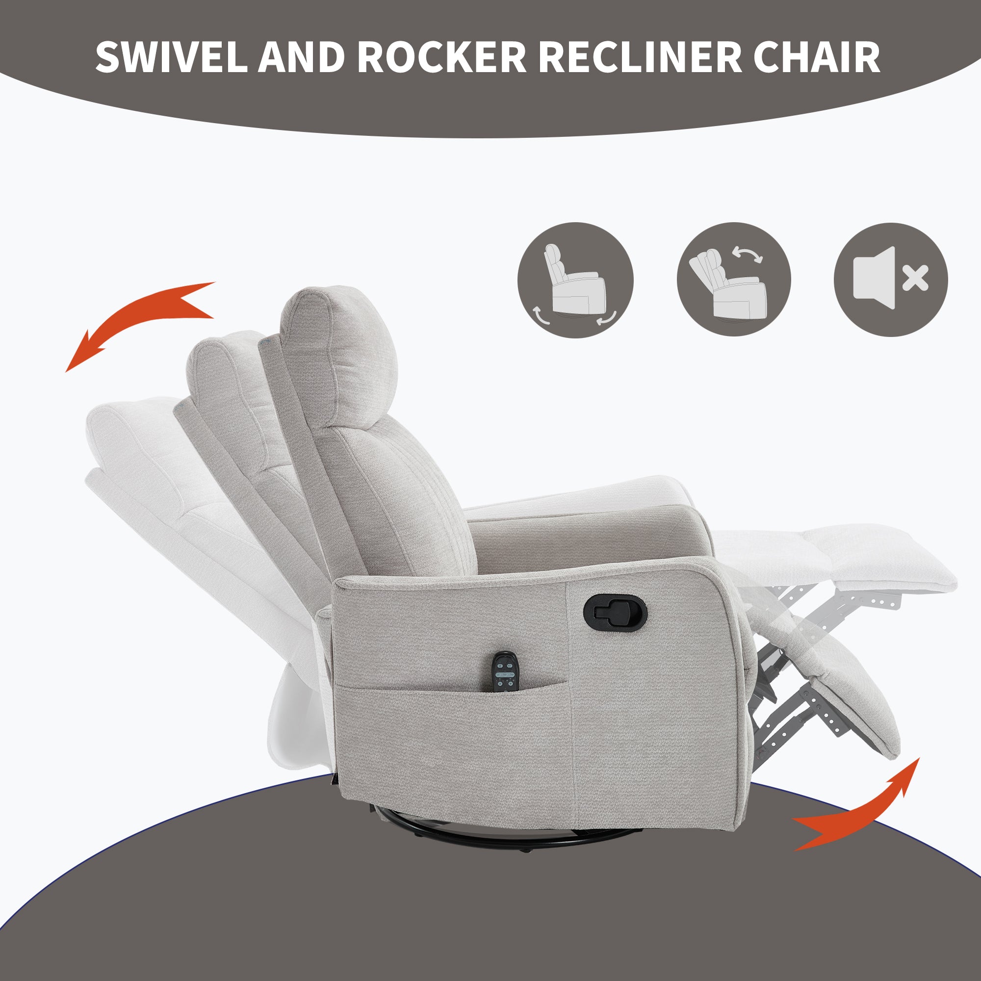 Light Grey Heat Massage Manual Recliner Chair with Rocker and Swivel in Fabric for Living Room