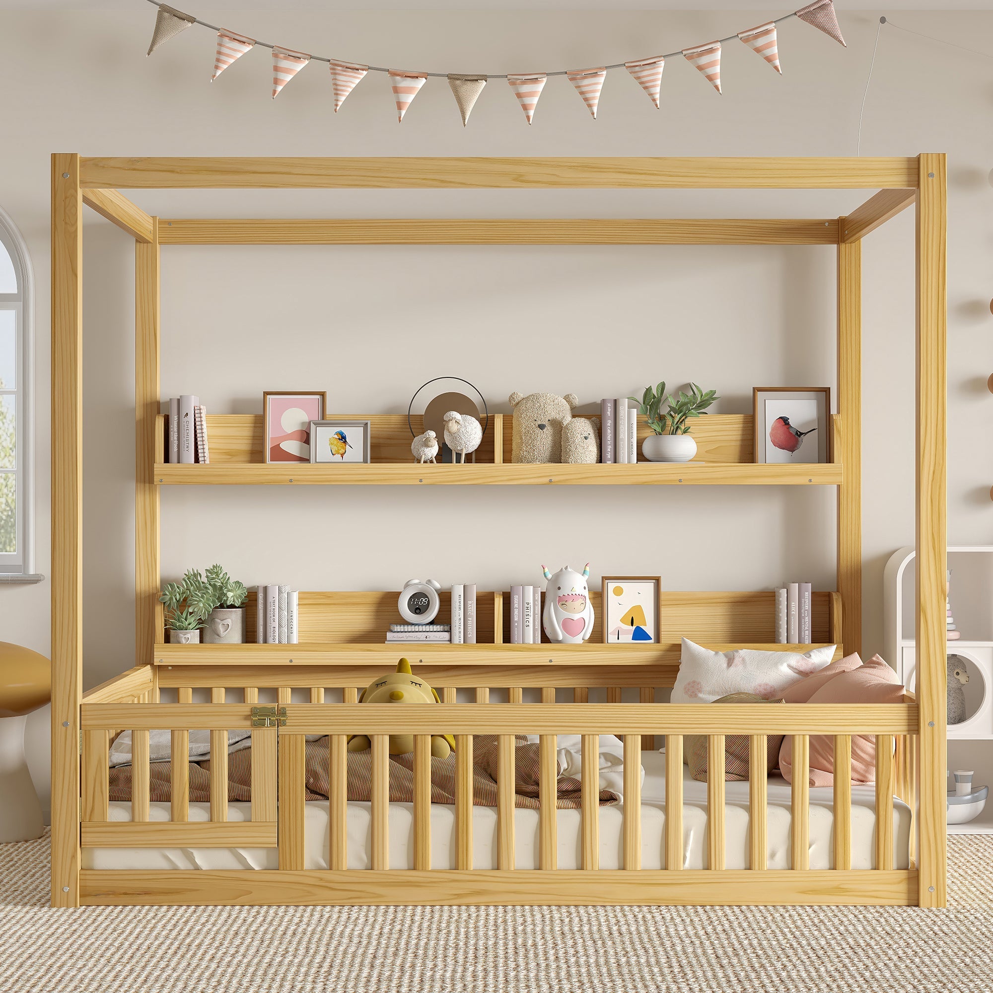 Full Size Canopy Bed with Guardrails, Solid Wood Floor Bed with Shelves, Montessori Floor Bed Frame for Kids, Boys, Girls, No Spring Box Needed, Natural