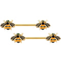 14G 9/16 Black Gem Gold Tone Bumblebees Barbell Nipple Ring Set