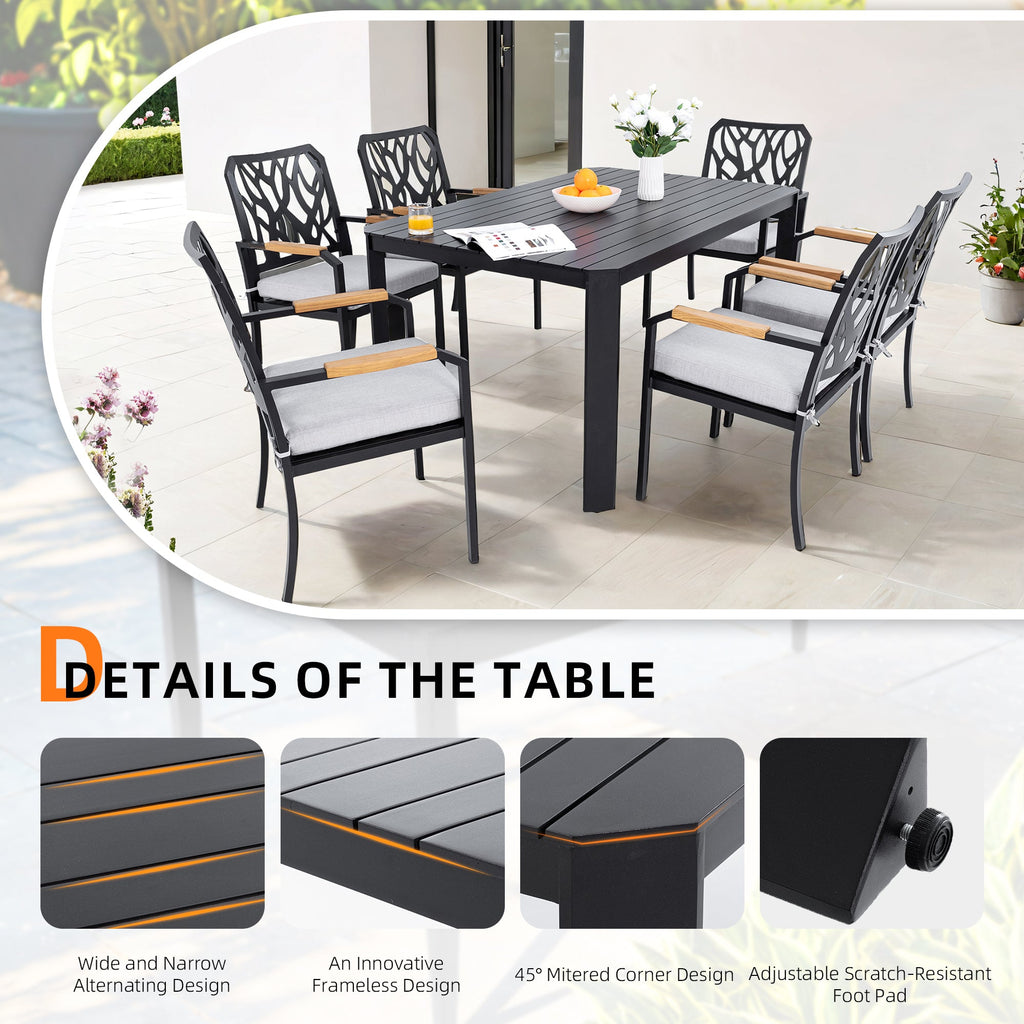 Modern Outdoor Aluminum Table with Alternating Wide and Narrow Slats, Angled Corners, 2' Big Umbrella Hole, and Adjustable Non-Slip Pads, Bourbon Brown