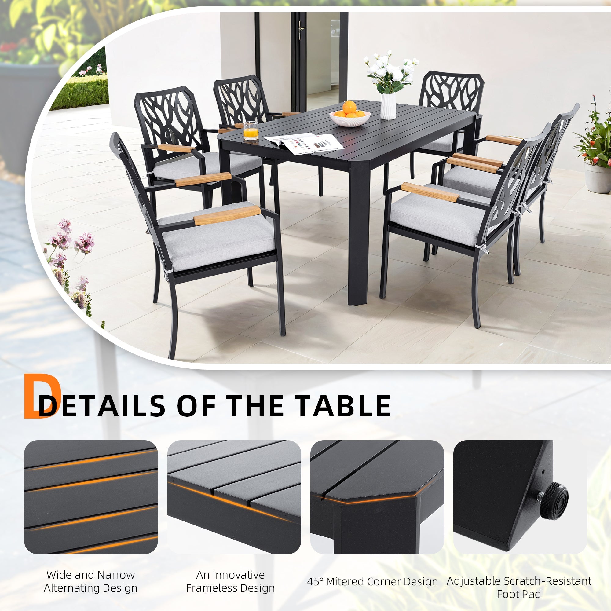 Modern Outdoor Aluminum Table with Alternating Wide and Narrow Slats, Angled Corners, 2' Big Umbrella Hole, and Adjustable Non-Slip Pads, Bourbon Brown