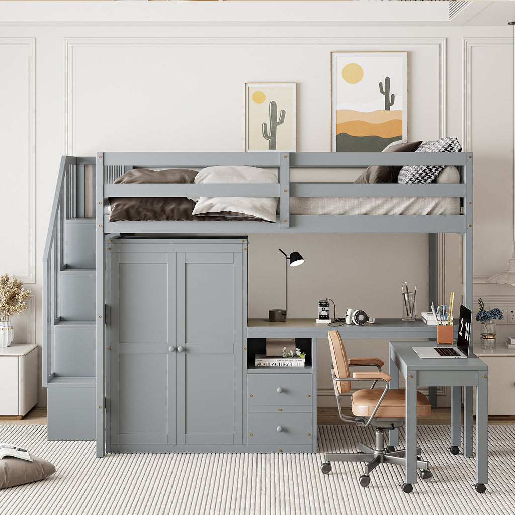 Full Size Loft Bed with Stairs, Bookshelf, Drawers, Desk & Wardrobe – Space-Saving Multifunctional Furniture for Kids & Teens-Gray